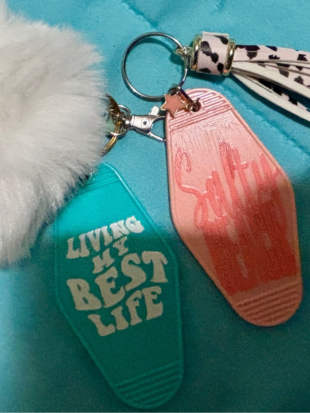 Handmade Turquoise & Coral Keychain Bag charm Tassel Set